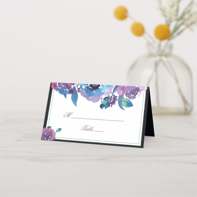 Elegant Blue Purple Twilight Floral Wedding Table Place Card (Front)