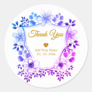 Elegant Blue & Purple Watercolor Flowers Thank You Classic Round Sticker