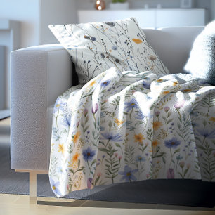 Elegant Blue Purple Watercolor Wildflower  Fleece Blanket