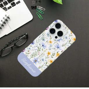 Elegant Blue Purple Watercolor Wildflower iPhone 16 Pro Case
