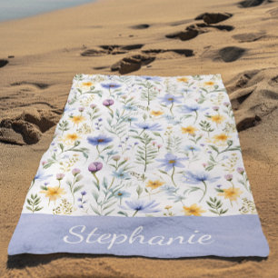 Elegant Blue Purple Watercolor Wildflower Name Beach Towel