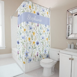 Elegant Blue Purple Watercolor Wildflower  Shower Curtain