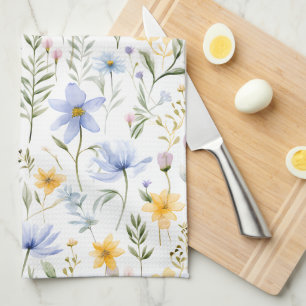 Elegant Blue Purple Watercolor Wildflower Tea Towel