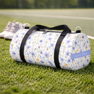 Elegant Blue Purple Wildflower Watercolor Name Duffle Bag