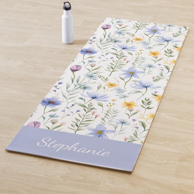 Elegant Blue Purple Wildflower Watercolor Name Yoga Mat (In Situ)