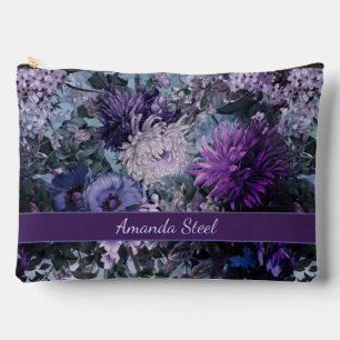 Elegant blue purples floral monogrammed accessory pouch
