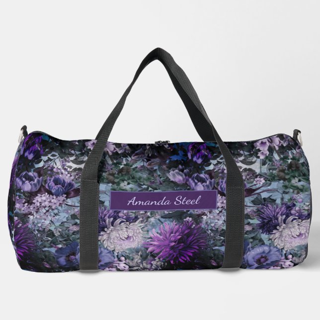 Elegant blue purples floral monogrammed printed duffle bag (Front)