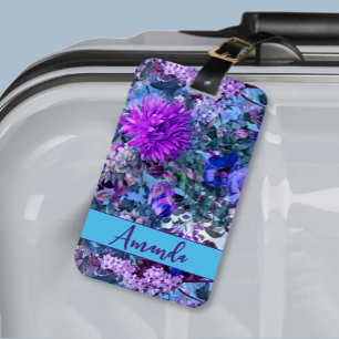 Elegant blue purples floral pattern monogram luggage tag