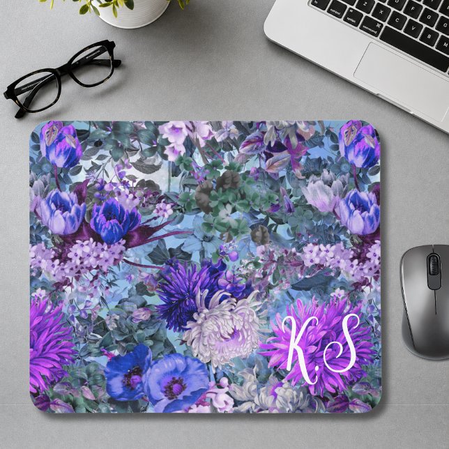 Elegant blue purples floral pattern monogram mouse pad (Creator Uploaded)