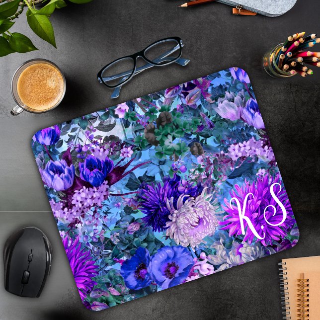 Elegant blue purples floral pattern monogram mouse pad (Creator Uploaded)