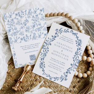 Elegant Blue QR Code RSVP Vintage Wedding Invitation