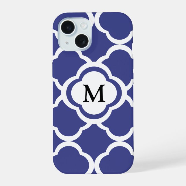 Elegant Blue Quatrefoil Pattern Monogram iPhone 15 Case (Back)