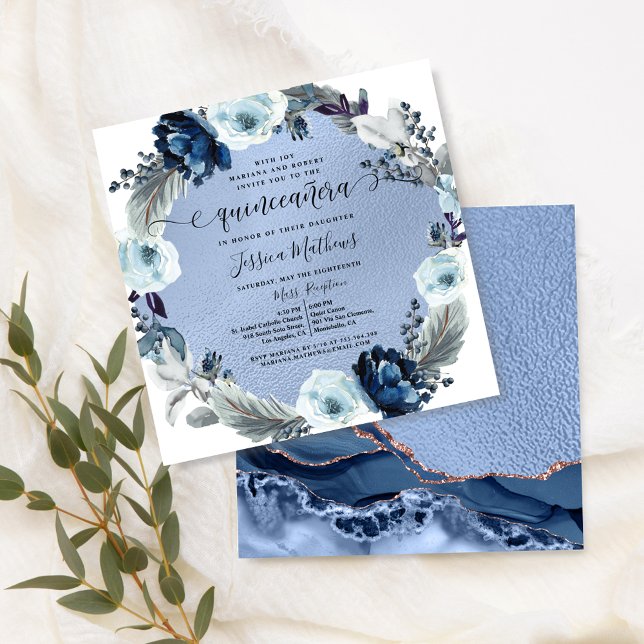 Elegant Blue Quinceañera, Floral, Blue Foil,Agate  Invitation (Creator Uploaded)