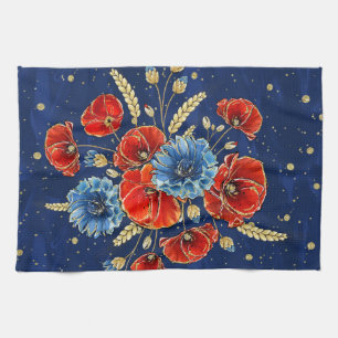 Elegant Blue, Red and Gold Remembrance Poppies Tea Towel