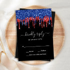 Elegant Blue Red Black Glitter Drips Wedding RSVP
