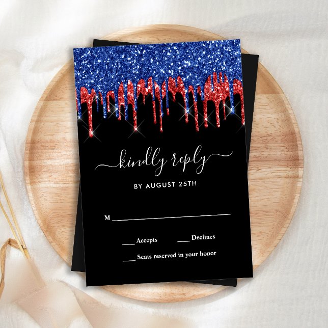 Elegant Blue Red Black Glitter Patriotic Wedding RSVP Card (Creator Uploaded)