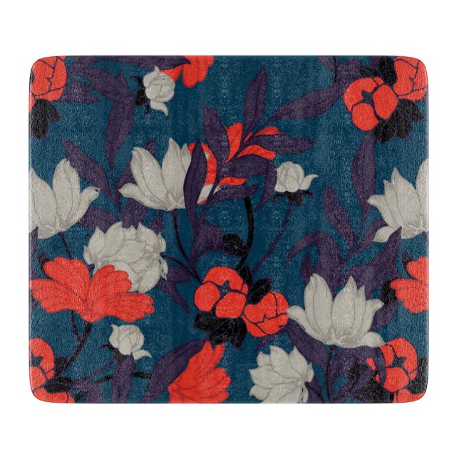 Elegant Blue & Red Floral Pattern Cutting Board (Front)