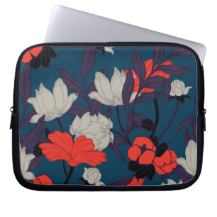 Elegant Blue & Red Floral Pattern Laptop Sleeve