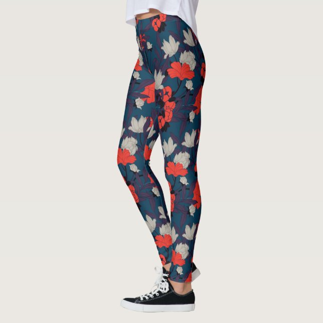 Elegant Blue & Red Floral Pattern Leggings (Left)