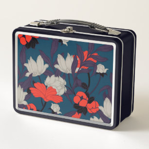 Elegant Blue & Red Floral Pattern Metal Lunch Box