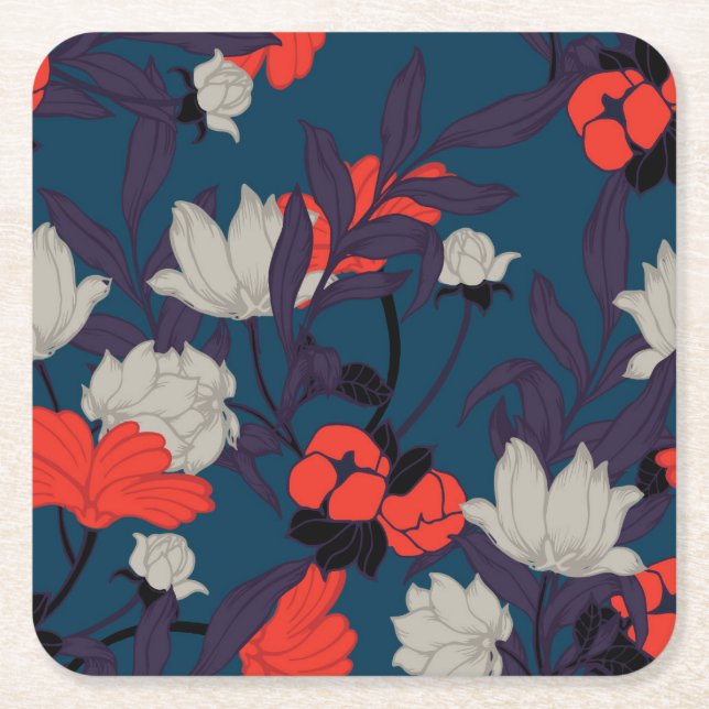 Elegant Blue & Red Floral Pattern Square Paper Coaster (Front)