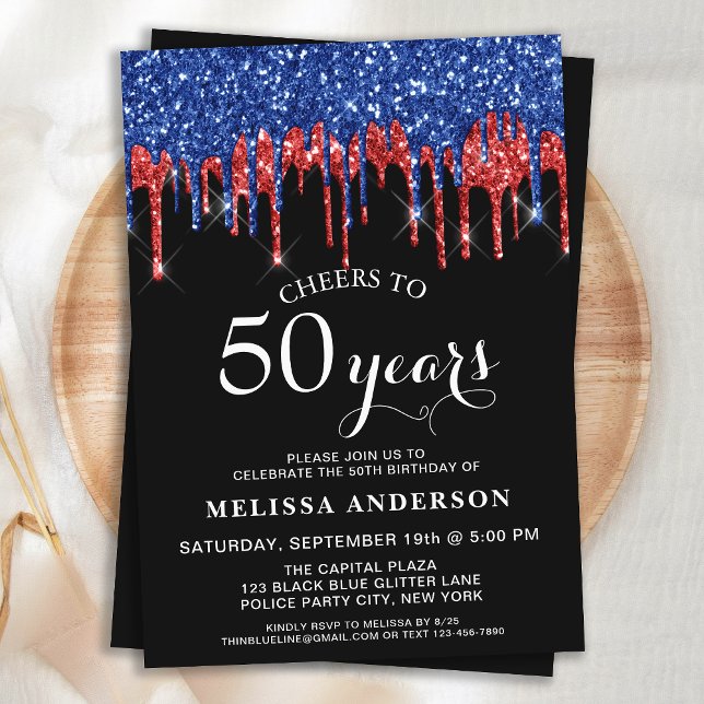 Elegant Blue Red Glitter Drips Patriotic Birthday Invitation (Creator Uploaded)