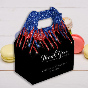 Elegant Blue Red Glitter Drips Patriotic Wedding Favour Box