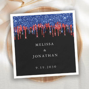 Elegant Blue Red Glitter Drips Patriotic Wedding Napkin