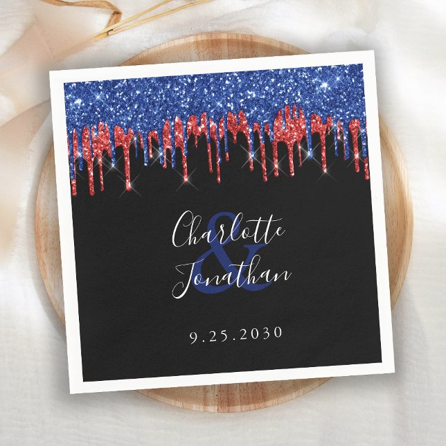 Elegant Blue Red Glitter Drips Patriotic Wedding Napkin (Creator Uploaded)