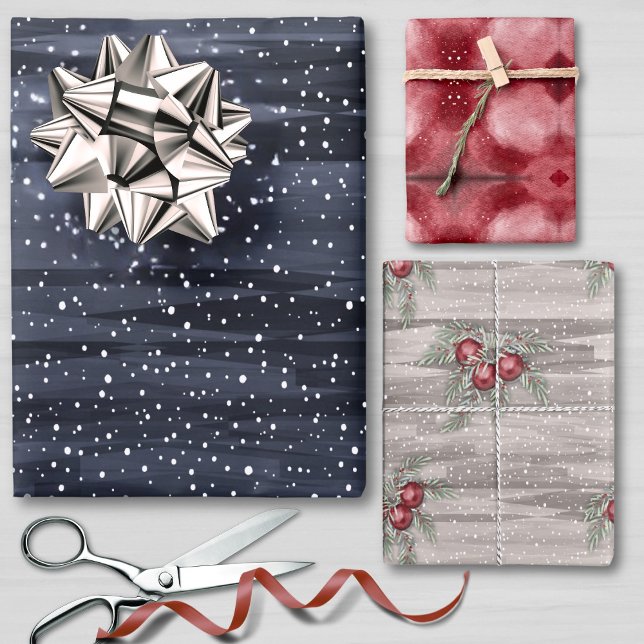 Elegant Blue Red Grey Snowy Berries Christmas Wrapping Paper Sheet (Creator Uploaded)