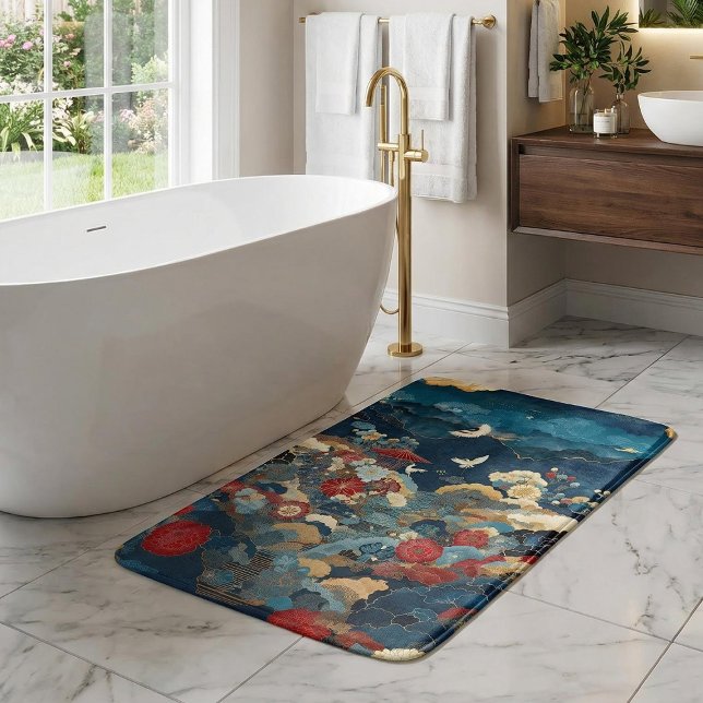 Elegant Blue Red Japanese Floral Crane Peony Bath Mat (Creator Uploaded)
