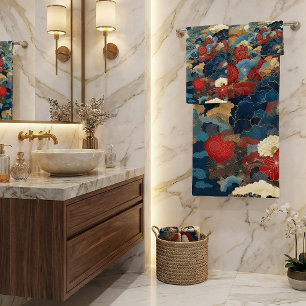 Elegant Blue Red Japanese Floral Crane Peony  Bath Towel Set