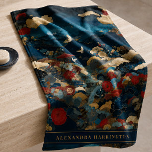 Elegant Blue Red Japanese Floral Crane Peony Hand Towel