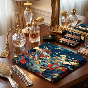 Elegant Blue Red Japanese Floral Crane Peony Wash Cloth