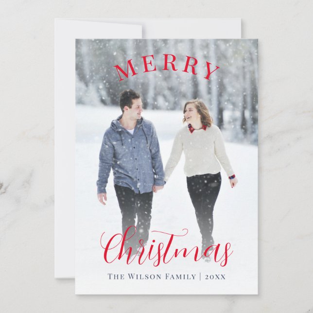 Elegant Blue Red Photo Merry Christmas Holiday Card (Front)