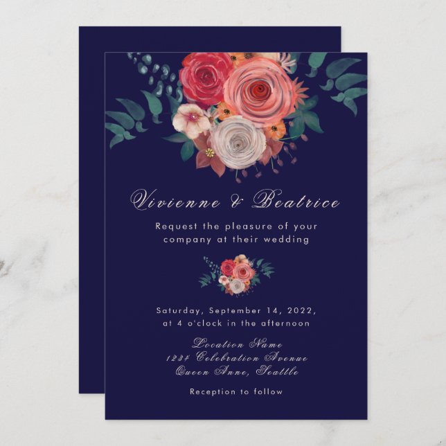 Elegant blue red roses wedding invitation (Front/Back)