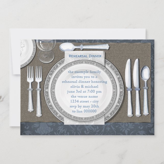 Elegant Blue Rehearsal Dinner Invitations (Front)