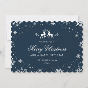 Elegant Blue Reindeer Snow Snowflake Holiday Card