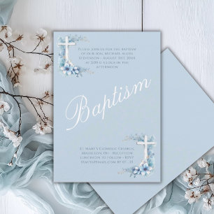 Elegant Blue Religious Baby Boy Baptism Invitation