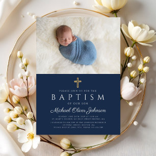 Elegant Blue Religious Cross Boy Baptism Photo Invitation