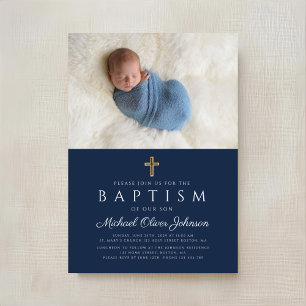 Elegant Blue Religious Cross Boy Baptism Photo Invitation