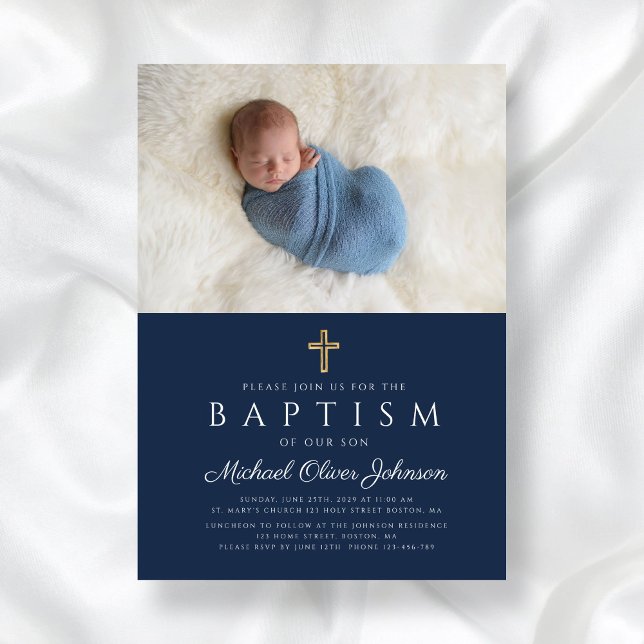 Elegant Blue Religious Cross Boy Baptism Photo Invitation (Elegant Blue Religious Cross Boy Baptism Photo Invitation)
