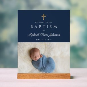 Elegant Blue Religious Cross Boy Baptism Welcome Acrylic Sign