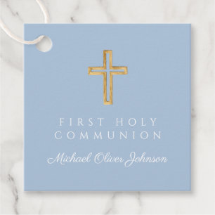 Elegant Blue Religious Cross Boy First Communion Favour Tags
