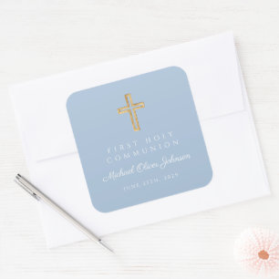Elegant Blue Religious Cross Boy First Communion  Square Sticker