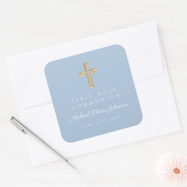 Elegant Blue Religious Cross Boy First Communion  Square Sticker (Envelope)
