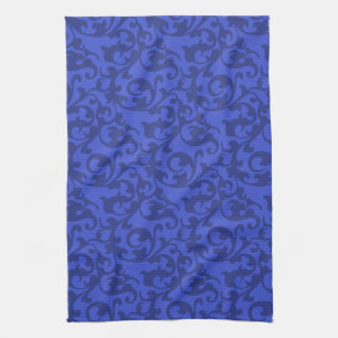 Elegant Blue Renaissance Damask Swirls Tea Towel