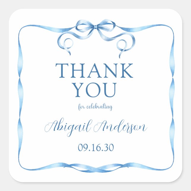 Elegant Blue Ribbon Baby Shower Thank You Square Sticker (Front)