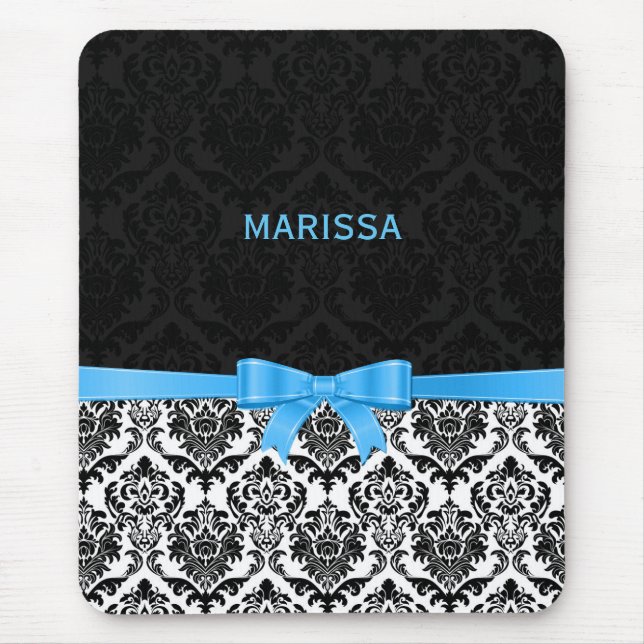 Elegant Blue Ribbon Black & White Damasks 2 Mouse Pad (Front)