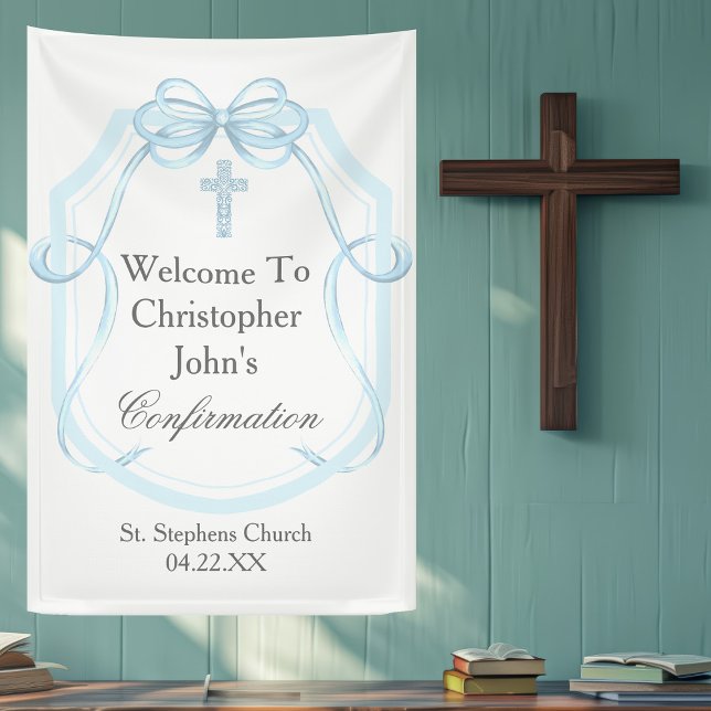 Elegant Blue Ribbon Bow Confirmation Party Banner (Creator Uploaded)